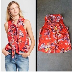 A New Day Orange Floral Neck Tie Tank Size M